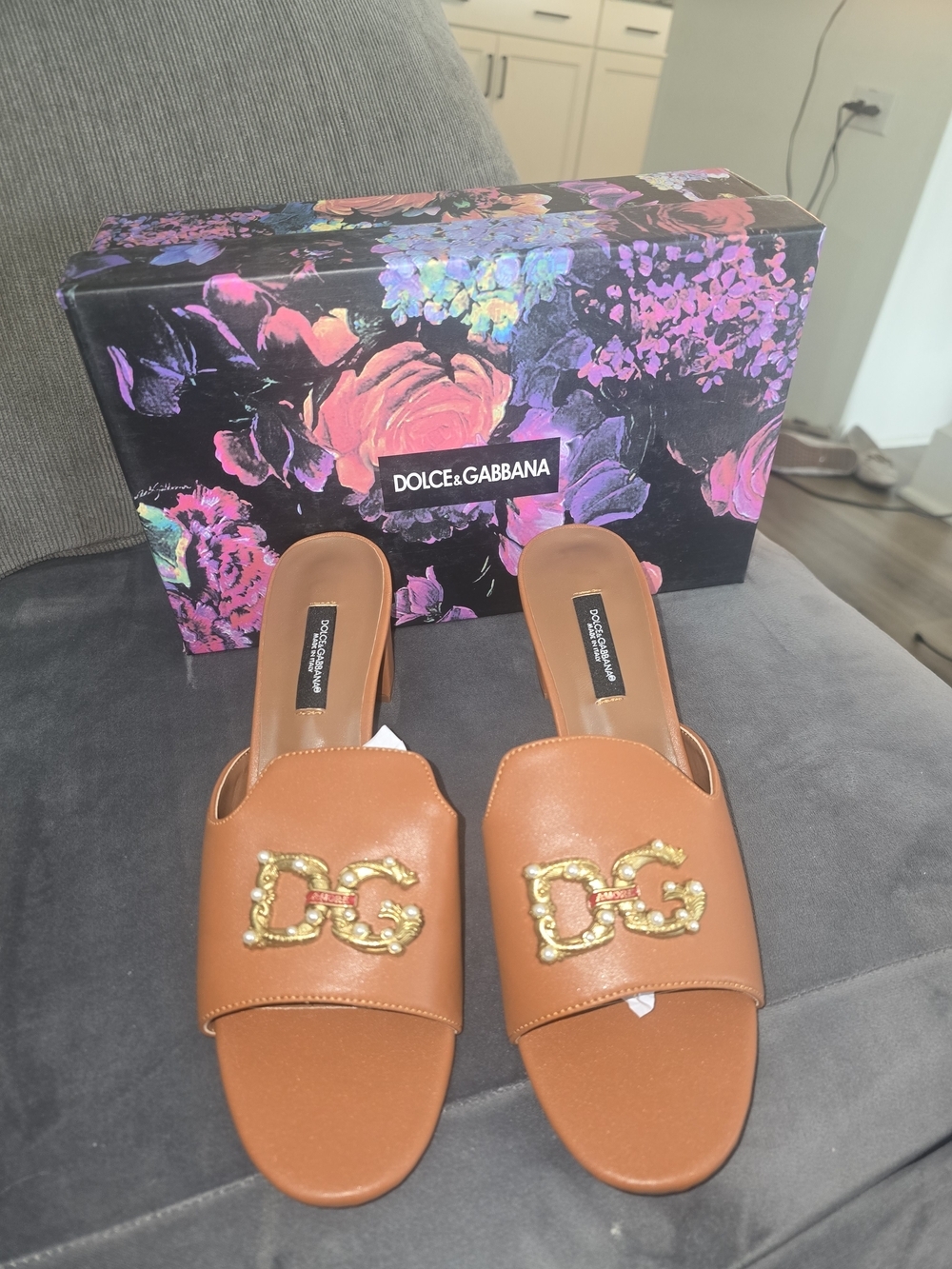 Dolce & Gabbana Brown Leather Slide Mules with Gold DG Logo